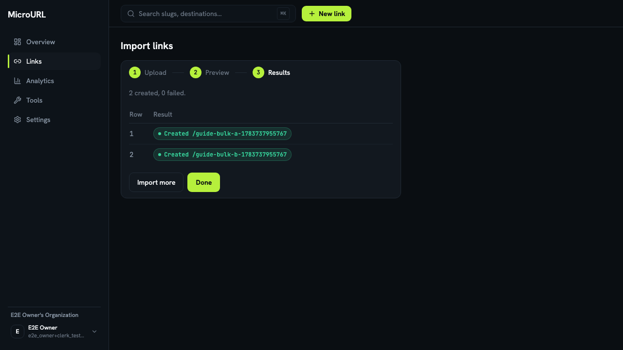 The results step showing which rows were created successfully and which failed