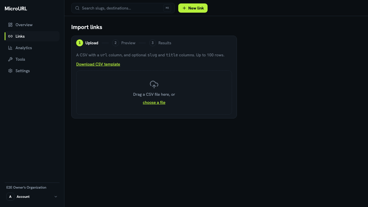 The CSV import upload step with a drag-and-drop area and a download-template link