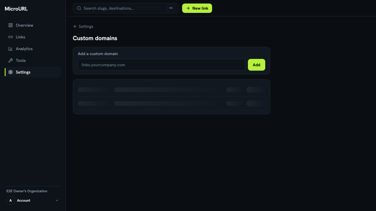 The Add a custom domain panel with a hostname input field