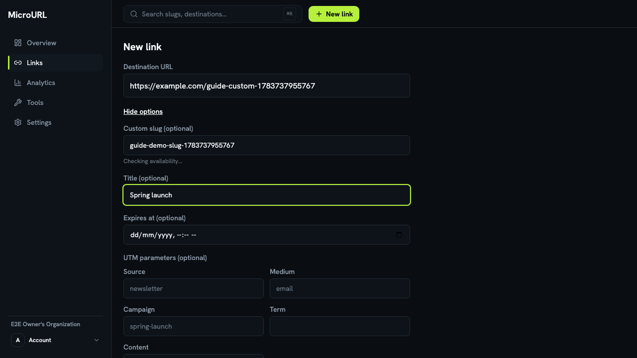 The New link form expanded to show custom slug, title, expiration, and UTM parameter fields