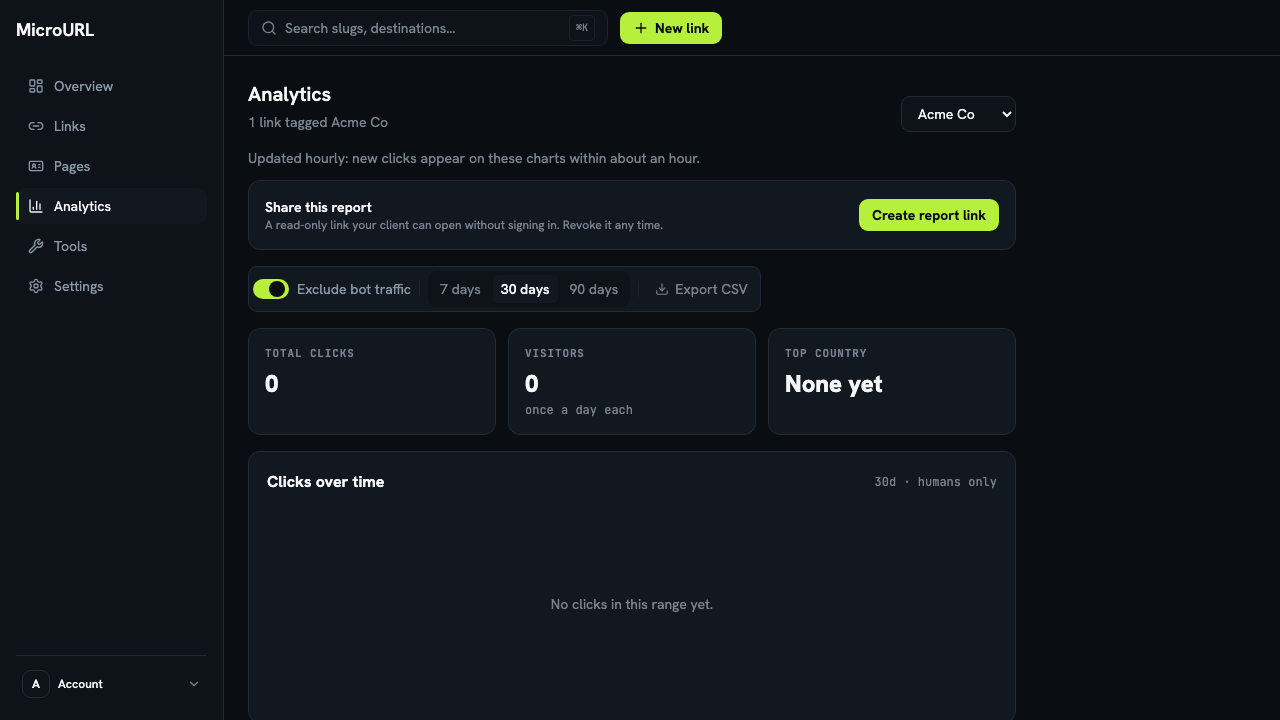The Analytics page filtered to one tag, with totals for only those links