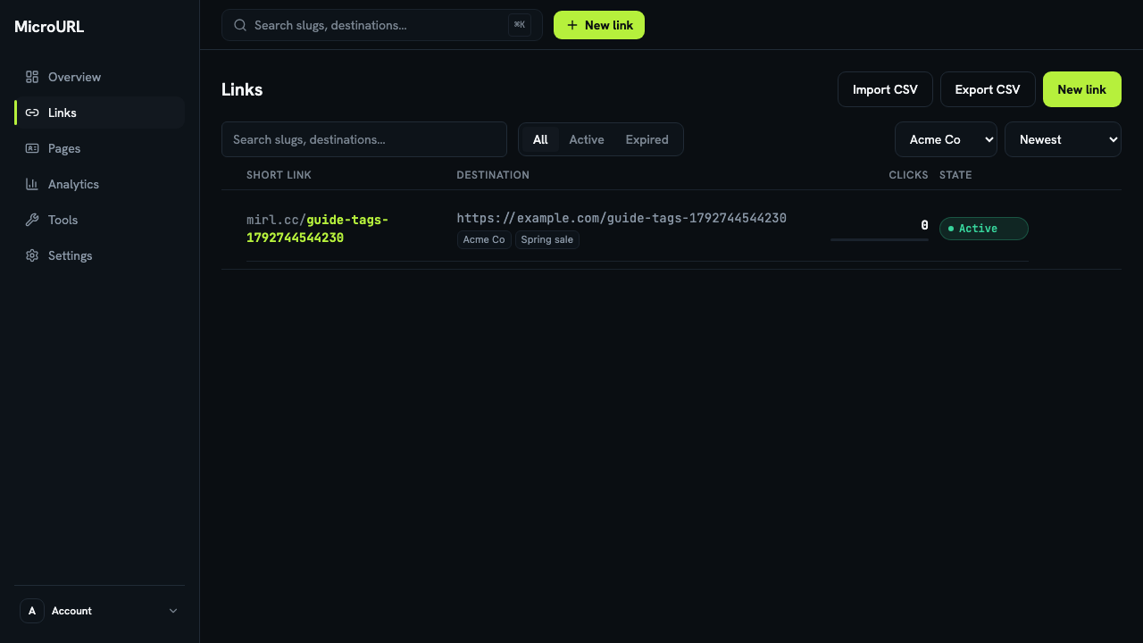 The Links page filtered to one tag, showing only that client's links