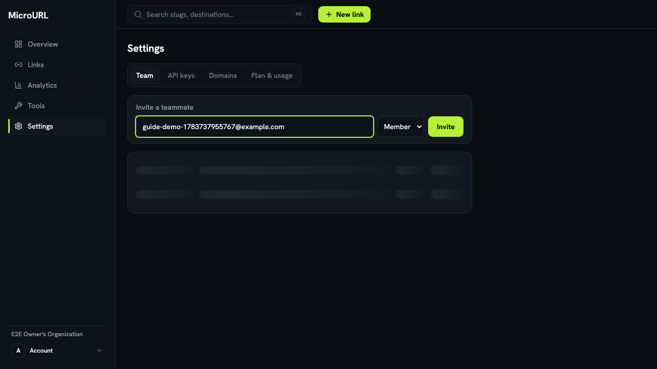 The invite form with an email field, a role selector, and an Invite button
